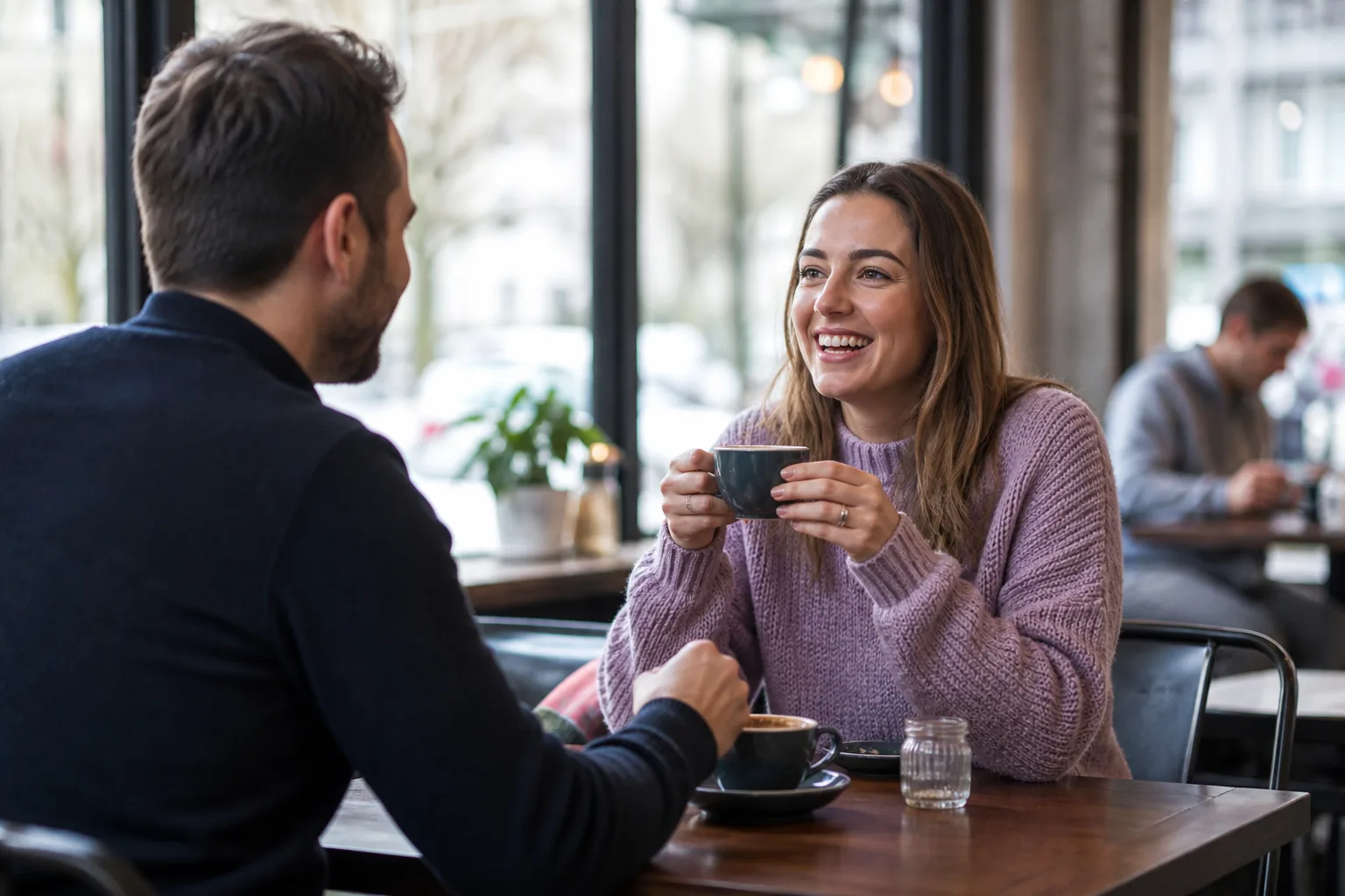 Two Belfast singles chatting over coffee in the city centre