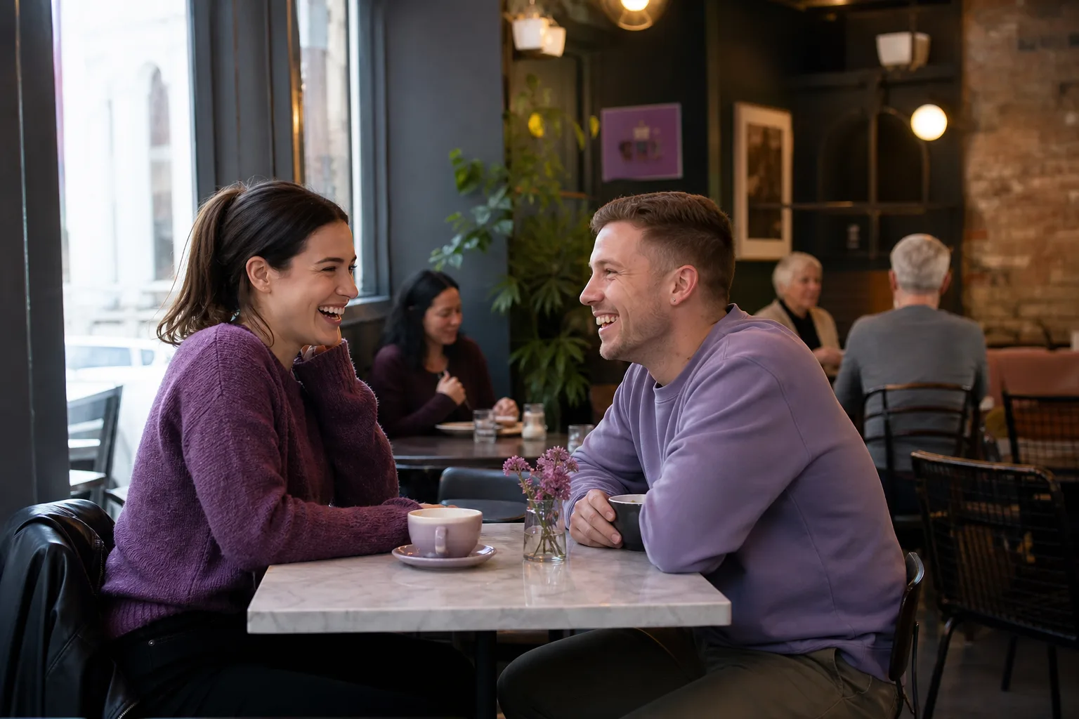 Two people chatting over coffee in Belfast city centre