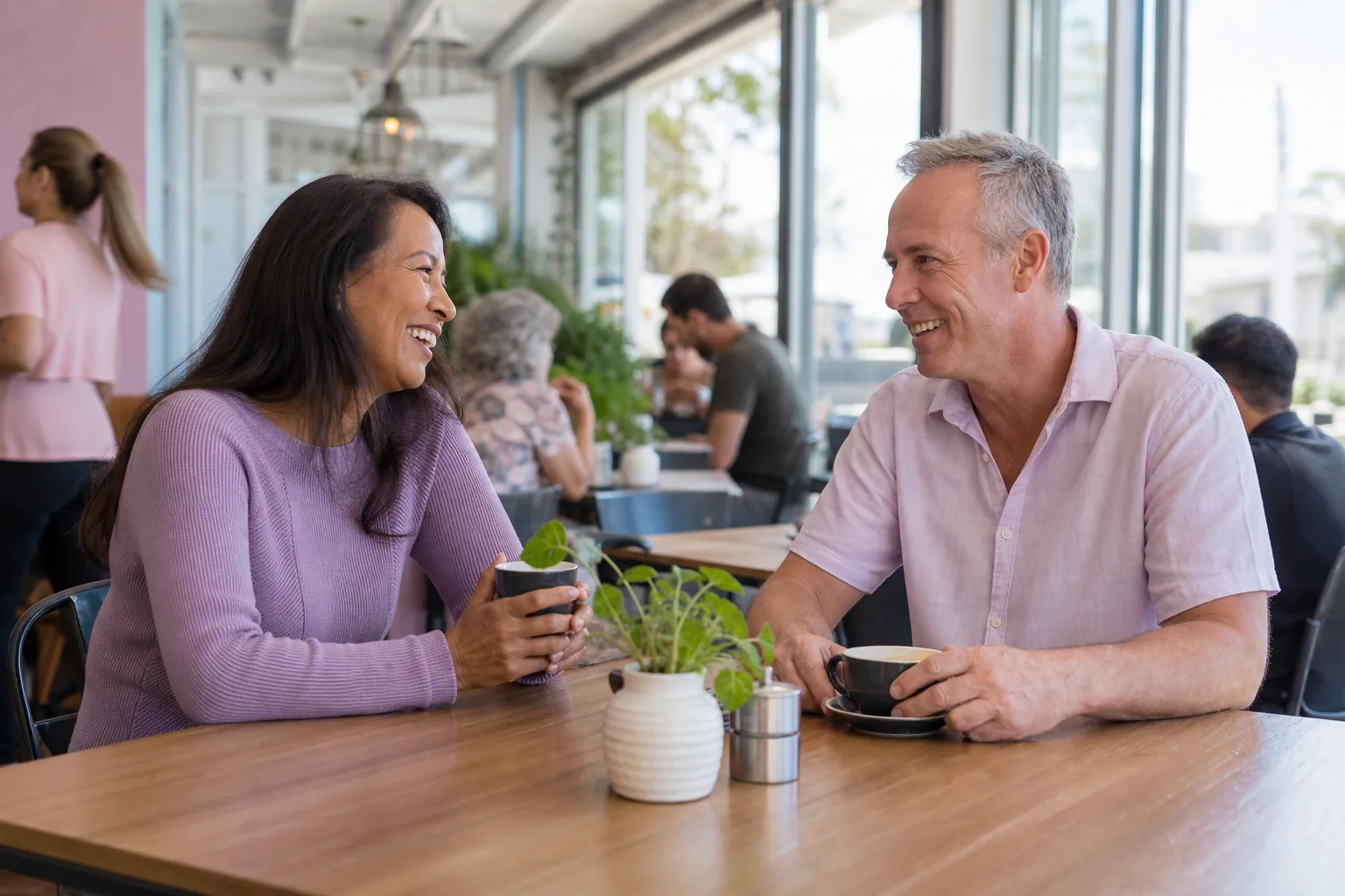 Mature couple talking over coffee in Belfast city centre
