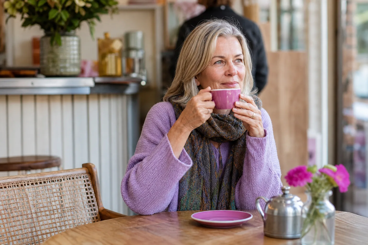 Woman in her fifties enjoying a relaxed conversation in Belfast