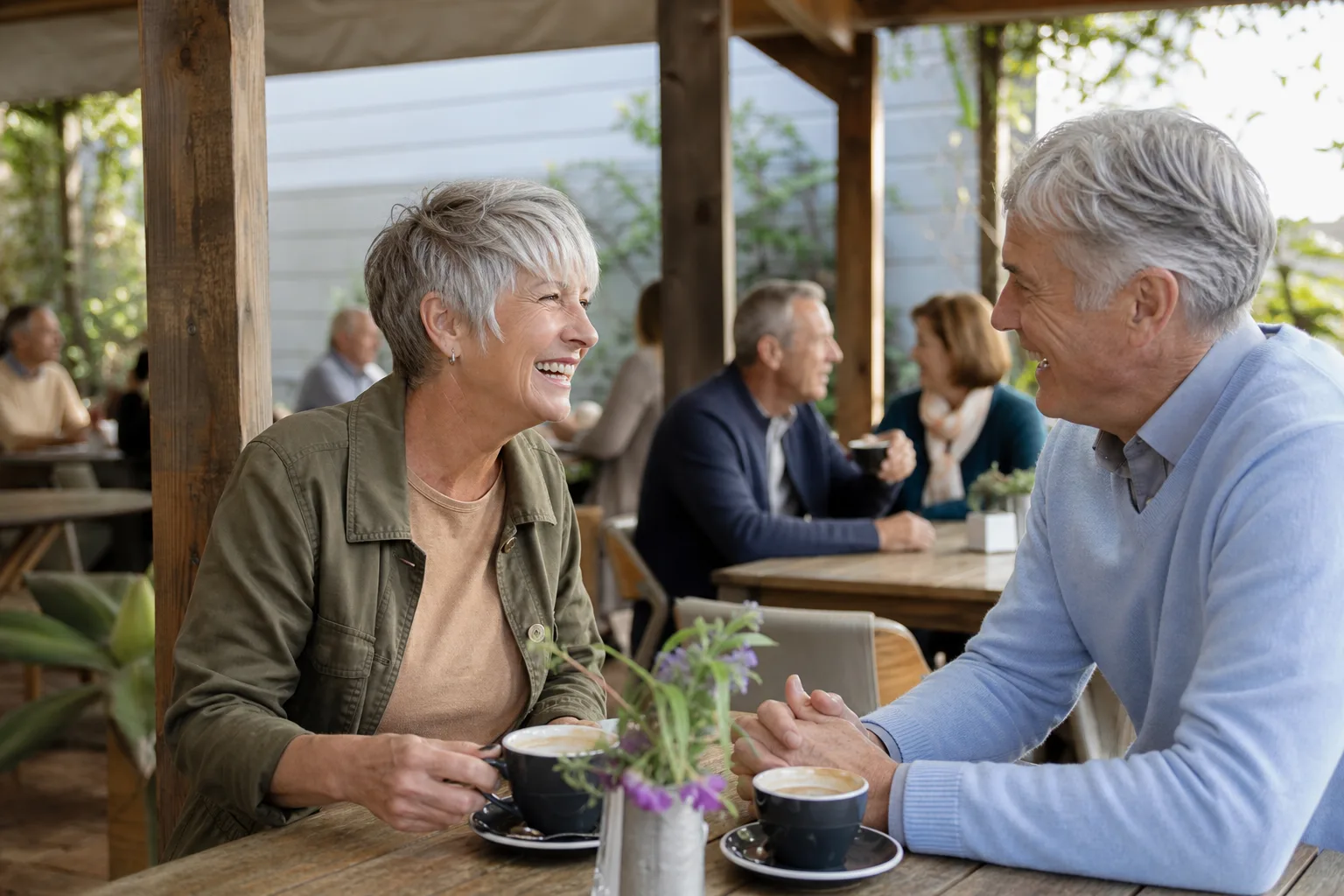 Two people over 50 enjoying coffee together in Belfast