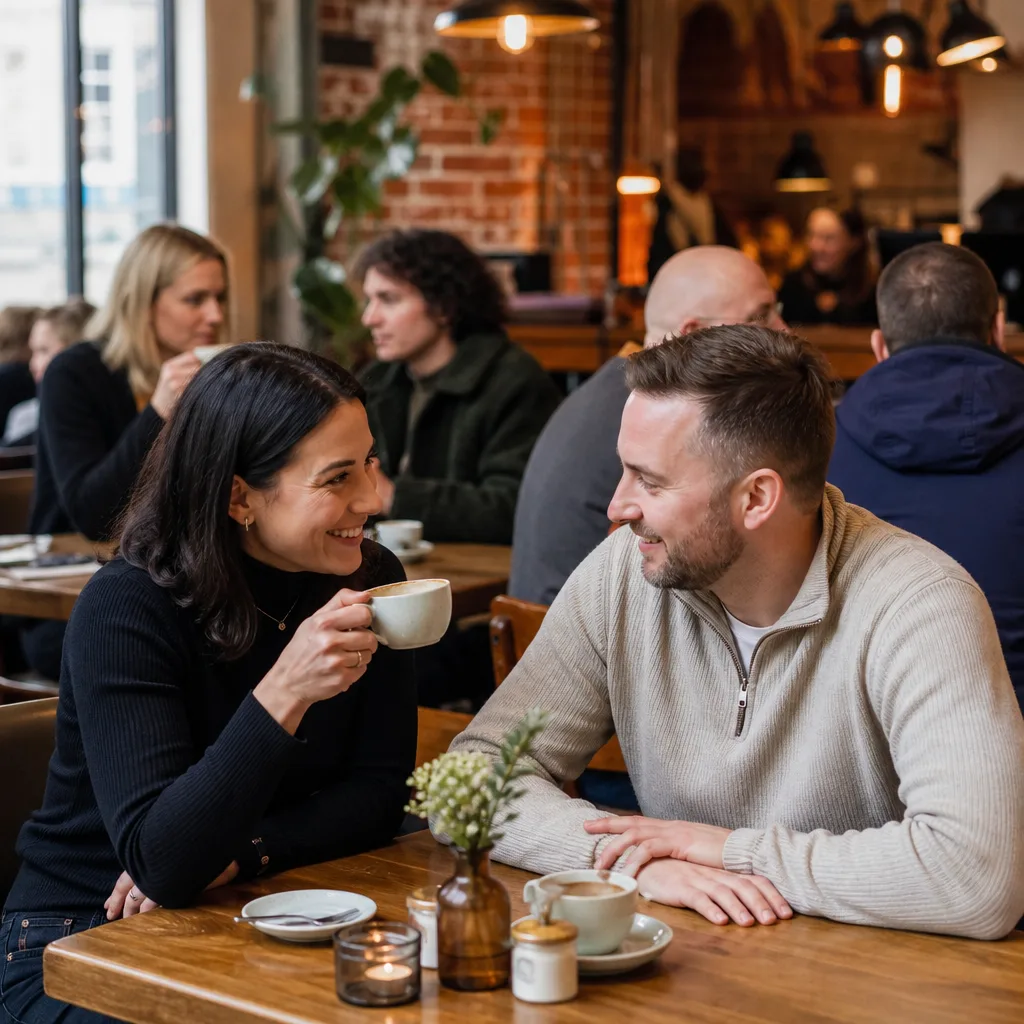 Two people talking during a speed dating evening in Belfast