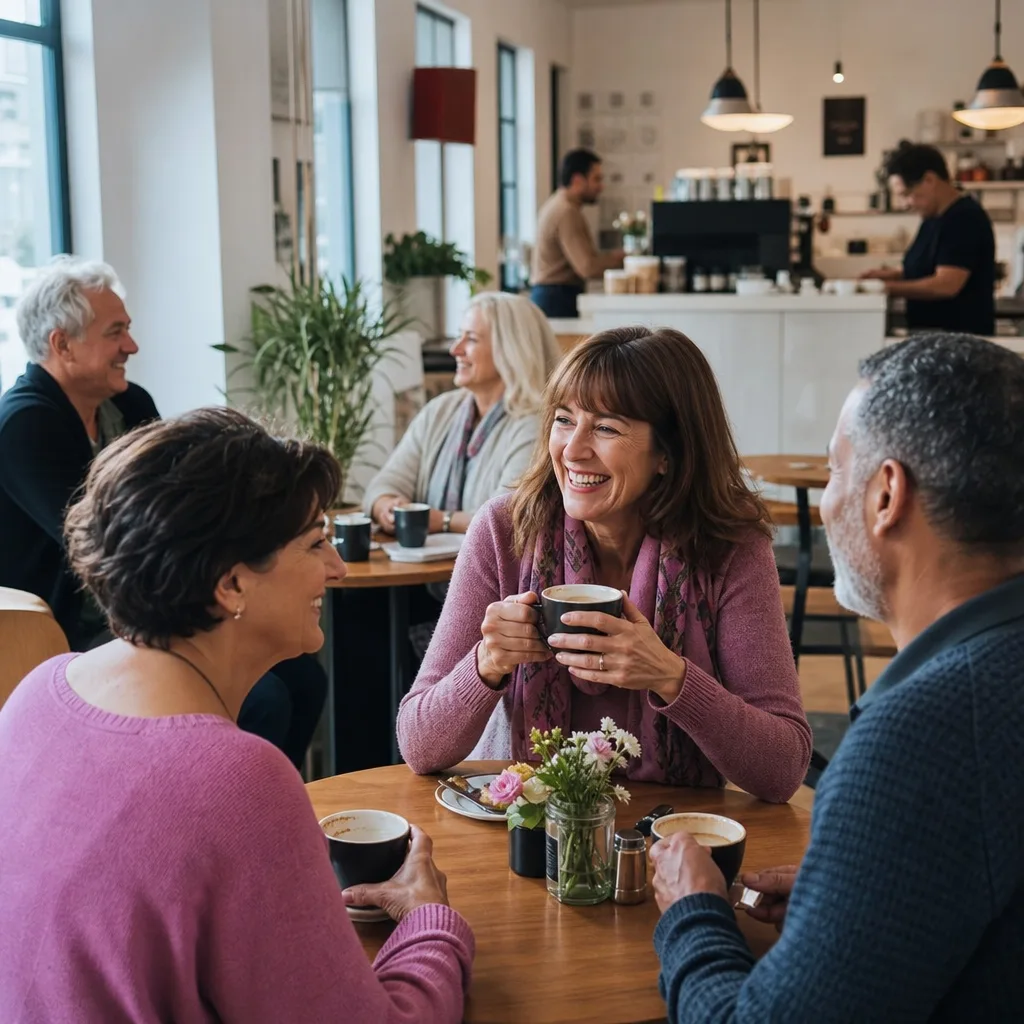 Mature singles chatting at a relaxed café table in Belfast