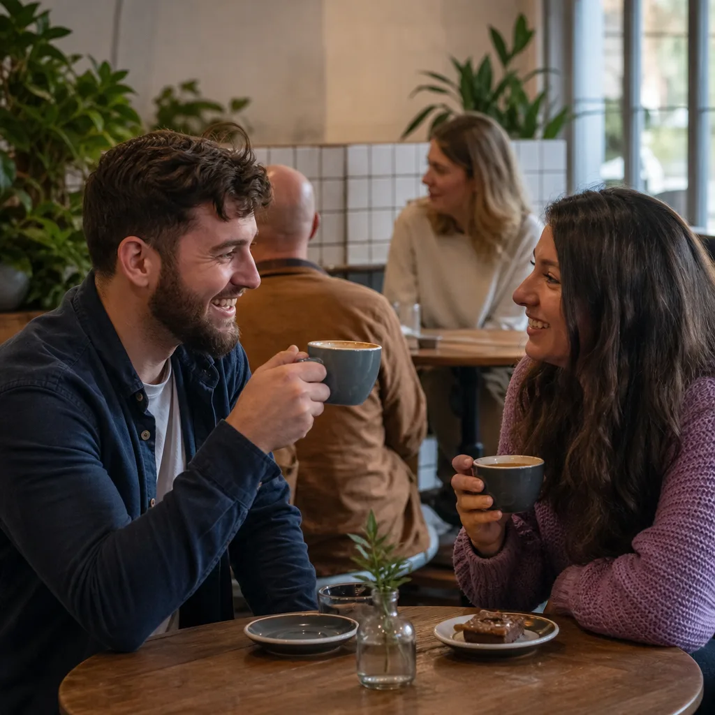 People having coffee at a busy public venue in central Belfast
