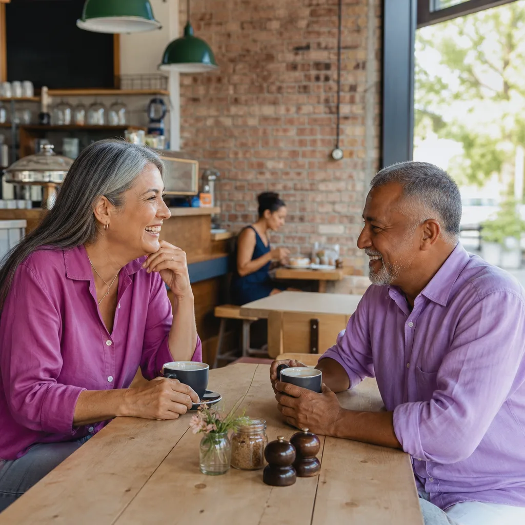 Two Belfast singles over 50 chatting over tea in a bright public cafe