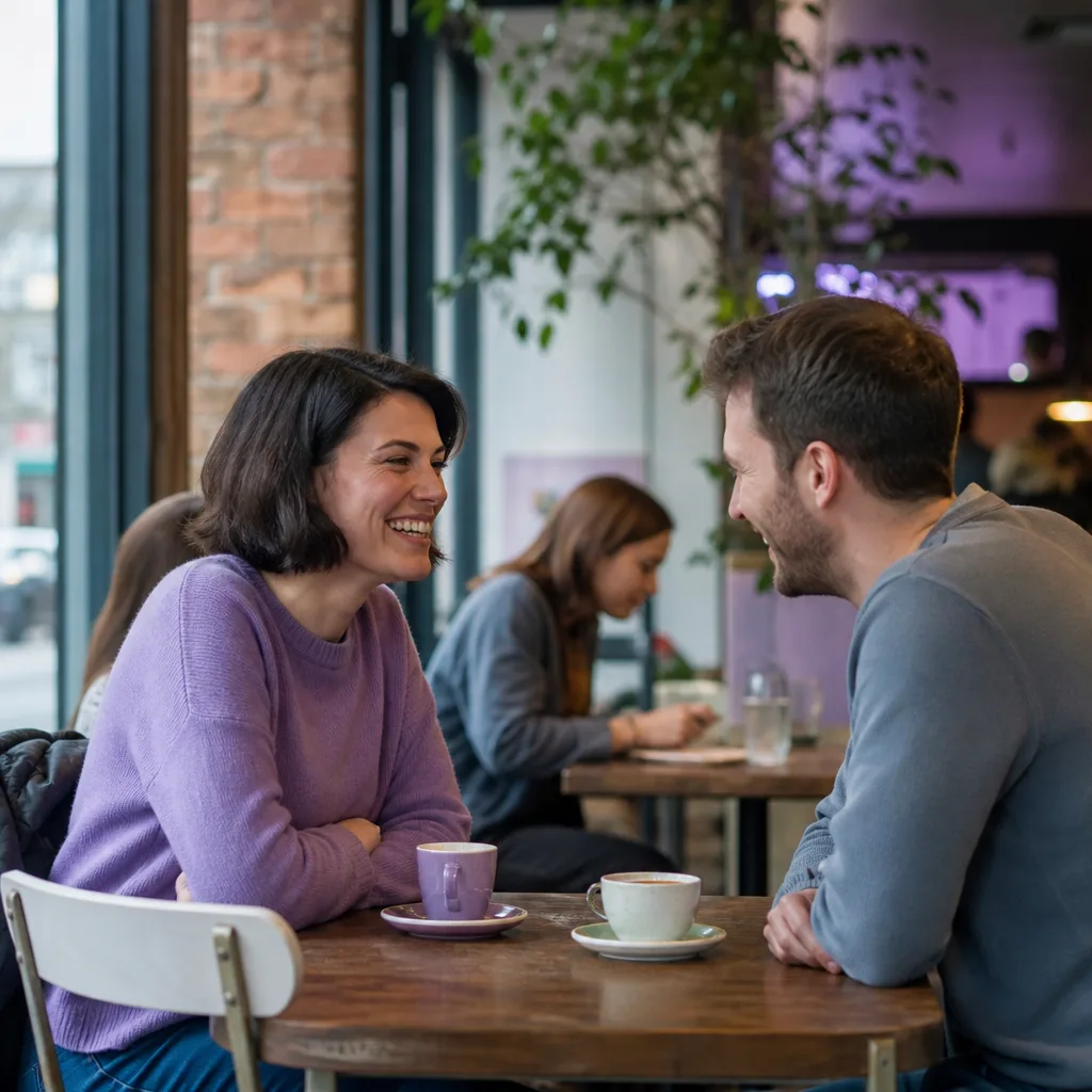 Two adults meeting in a busy public square in Belfast